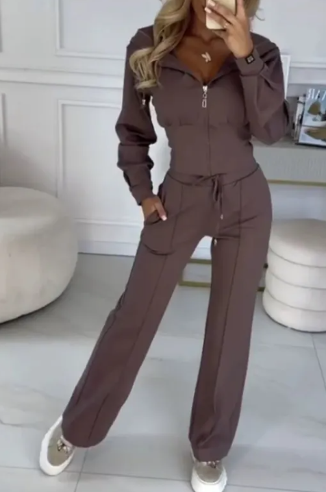 Hooded Zipper Jacket with Tight-Fitting Bottom Set